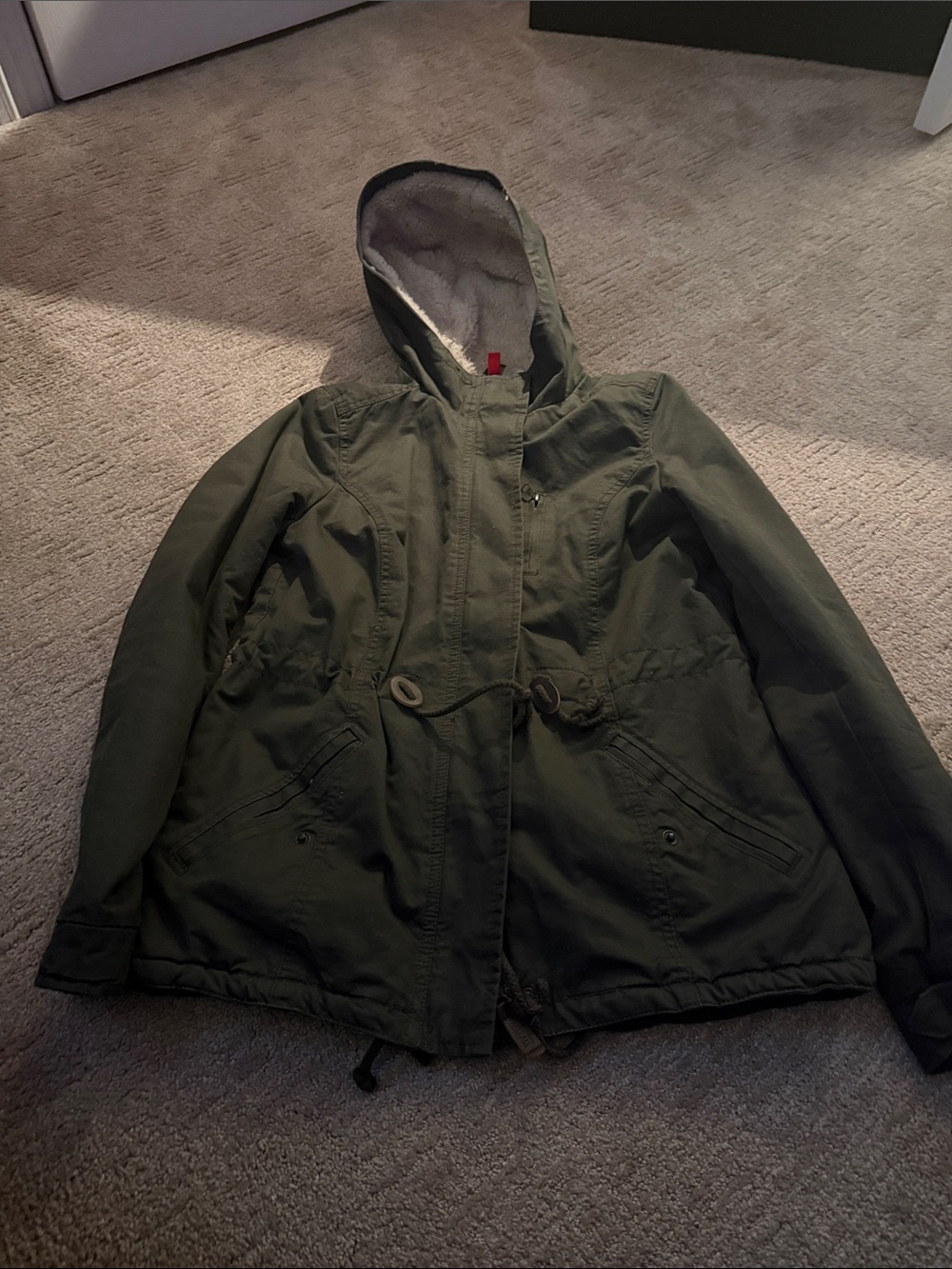 H&M Cream Sherpa-Lined Jacket with Olive Trim